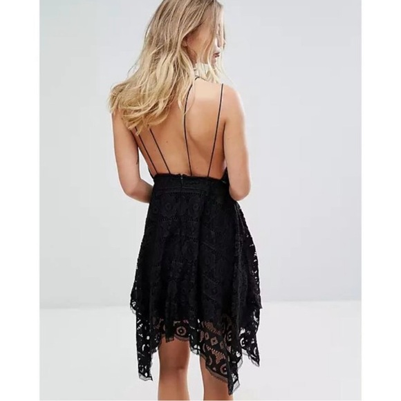 Free People Black Boho Just Like Honey Drape Hem Lace Mini Dress size 6 - Picture 3 of 14